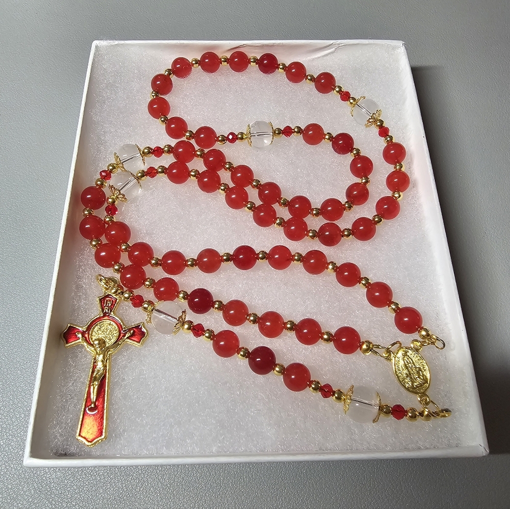 Large One Of A Kind Hand Crafted Rosary Made With Natural Red Jade And Quartz